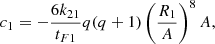 Mathematical equation: $$ \begin{aligned}&c_1=-{6 k_{2 1}\over {t_{F1}}} q (q +1) \left(R_1\over {A}\right)^8 A, \end{aligned} $$
