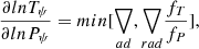 Mathematical equation: $$ \begin{aligned} {\partial ln T_{\psi }\over {\partial ln P_{\psi }}} = min [ \bigtriangledown _{ad}, {\bigtriangledown _{rad}}{f_{T}\over {f_P}}], \end{aligned} $$