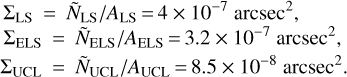 $\matrix{ {{\sum _{{\rm{LS}}}}} \hfill & = \hfill & {{{{{\tilde N}_{{\rm{LS}}}}} \mathord{\left/ {\vphantom {{{{\tilde N}_{{\rm{LS}}}}} {{A_{{\rm{LS}}}}}}} \right. \kern-\nulldelimiterspace} {{A_{{\rm{LS}}}}}}} \hfill & = \hfill & {4 \times {{10}^{ - 7}}{\rm{arcse}}{{\rm{c}}^2},} \hfill \cr {{\sum _{{\rm{ELS}}}}} \hfill & = \hfill & {{{{{{{\tilde N}_{_{{\rm{ELS}}}}}} \mathord{\left/{\vphantom {{{{\tilde N}_{_{{\rm{ELS}}}}}} A}} \right. \kern-\nulldelimiterspace} A}}_{{\rm{ELS}}}}} \hfill & = \hfill & {3.2 \times {{10}^{ - 7}}{\rm{arcse}}{{\rm{c}}^2},} \hfill \cr {{\sum _{{\rm{UCL}}}}} \hfill & = \hfill & {{{{{\tilde N}_{{\rm{UCL}}}}} \mathord{\left/ {\vphantom {{{{\tilde N}_{{\rm{UCL}}}}} {{A_{{\rm{UCL}}}}}}} \right. \kern-\nulldelimiterspace} {{A_{{\rm{UCL}}}}}}} \hfill & = \hfill & {8.5 \times {{10}^{ - 8}}{\rm{arcse}}{{\rm{c}}^2}.} \hfill \cr } $