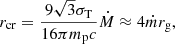 $$ \begin{aligned} r_{\rm cr}=\frac{9\sqrt{3}\sigma _{\rm T}}{16\pi m_{\rm p}c}\dot{M} \approx 4\dot{m}r_{\rm g}, \end{aligned} $$