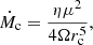 $$ \begin{aligned} \dot{M}_{\rm c} = \frac{\eta \mu ^2}{4 \Omega r_{\rm c}^5}, \end{aligned} $$