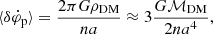 $$ \begin{aligned} \langle \delta \dot{\varphi }_{\mathrm{p} }\rangle =\frac{2 \pi G \rho _{\rm {DM}}}{n a} \approx 3 \frac{ G \mathcal{M} _{\rm {DM}}}{2 n a^4}, \end{aligned} $$