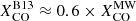 $ X_\mathrm{CO}^\mathrm{B13} \approx 0.6 \times X_\mathrm{CO}^\mathrm{MW} $