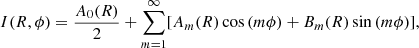$$ \begin{aligned} I(R,\phi )=\frac{A_0(R)}{2}+\sum _{m=1}^{\infty }[A_m(R)\cos {(m\phi )}+B_m(R)\sin {(m\phi )}], \end{aligned} $$