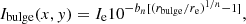 $$ \begin{aligned} I_{\rm bulge}(x,y)=I_{\rm e}10^{-b_n[(r_{\rm bulge}/r_{\rm e})^{1/n}-1]}, \nonumber \end{aligned} $$