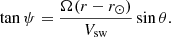 $$ \begin{aligned} \tan \psi = \dfrac{\Omega (r-r_{\odot })}{V_{\mathrm{sw} }}\sin \theta . \end{aligned} $$