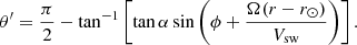$$ \begin{aligned} \theta ^{\prime }=\dfrac{\pi }{2}-\tan ^{-1}\left[\tan \alpha \sin \left(\phi +\dfrac{\Omega (r-r_{\odot })}{V_{\mathrm{sw} }}\right)\right]. \end{aligned} $$