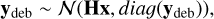 ${{\bf{y}}_{{\rm{deb}}}}\~{\cal N}\left( {{\bf{Hx}},diay\left( {{{\bf{y}}_{{\rm{deb}}}}} \right)} \right),$