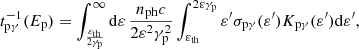 $$ \begin{aligned} t^{-1}_{\rm p\gamma }(E_{\mathrm{p} }) = \int _{\frac{\varepsilon _{\mathrm{th} }}{2\gamma _{\mathrm{p} }}}^{\infty }\mathrm{d} \varepsilon \,\frac{n_{\mathrm{ph} }c}{2\varepsilon ^{2}\gamma _{\mathrm{p} }^{2}} \int _{\varepsilon _{\mathrm{th} }}^{2\varepsilon \gamma _{\mathrm{p} }}\varepsilon ^{\prime }\sigma _{\rm p\gamma }(\varepsilon ^{\prime })K_{\rm p\gamma }(\varepsilon ^{\prime }) \mathrm{d} \varepsilon ^{\prime }, \end{aligned} $$