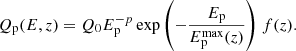 $$ \begin{aligned} Q_{\mathrm{p} }(E,z) = Q_{0} E^{-p}_{\mathrm{p} } \exp {\left(-\frac{E_{\mathrm{p} }}{E^{\mathrm{max} }_{\mathrm{p} }(z)}\right)}\ f(z). \end{aligned} $$