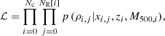 Mathematical equation: $$ \begin{aligned} \mathcal{L} = \prod _{i=0}^{N_{\rm c}} \prod _{j=0}^{ N_{\rm R}[i]} p\,(\rho _{i,j}\vert x_{i,j}, z_{i},M_{500,i}), \end{aligned} $$