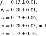 Mathematical equation: $$ \begin{aligned} f_0&= 0.13\pm 0.01, \\ x_{\rm s}&= 0.28\pm 0.01, \\ \alpha&= 0.42\pm 0.06, \\ \beta&= 0.78\pm 0.03,\ \mathrm{and}\\ \gamma&= 1.52\pm 0.16. \end{aligned} $$