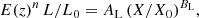 Mathematical equation: $$ \begin{aligned} E(z)^n\, L/L_0= A_{\rm L}\,(X/X_0)^{B_{\rm L}}, \end{aligned} $$