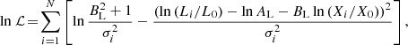Mathematical equation: $$ \begin{aligned} {\ln }\ {\mathcal{L} } \! =\! \sum _{i=1}^N \left[ \ln { \frac{B_{\rm L}^2 + 1}{\sigma _i^2} } - \frac{\left( \ln {(L_i/L_0)}- \ln {A_{\rm L}} -B_{\rm L} \ln {(X_i/X_0)} \right)^2 }{\sigma _i^2} \right], \end{aligned} $$
