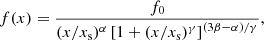 Mathematical equation: $$ \begin{aligned} f(x) = \frac{f_0}{(x/x_{\rm s})^{\alpha }\left[1+(x/x_{\rm s})^\gamma \right]^{(3\beta -\alpha )/\gamma }}, \end{aligned} $$