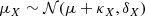 $$ \begin{aligned} \mu _{X}\sim \mathcal{N} (\mu + \kappa _{X}, \delta _{X}) \end{aligned} $$