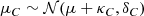 $$ \begin{aligned} \mu _{C}\sim \mathcal{N} (\mu + \kappa _{C}, \delta _{C}) \end{aligned} $$