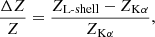 $$ \begin{aligned} \frac{\Delta Z}{Z} = \frac{Z_{\mathrm{L\text{-}shell}}-Z_{\mathrm{K}\alpha }}{Z_{\mathrm{K}\alpha }}, \end{aligned} $$