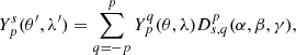$$ \begin{aligned} Y_p^{s} (\theta ^\prime ,\lambda ^\prime )= \sum _{q=-p}^p Y_p^q(\theta ,\lambda )D_{s,q}^p(\alpha ,\beta ,\gamma ), \end{aligned} $$