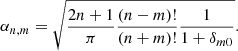 $$ \begin{aligned} \alpha _{n,m} = \sqrt{\frac{2n+1}{\pi }\frac{(n-m)!}{(n+m)!}\frac{1}{1+\delta _{m0}}}{.} \end{aligned} $$