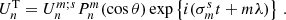 $$ \begin{aligned} U^\mathrm{T}_n = U_n^{m;s}P_n^m(\cos \theta )\exp \left\{ i(\sigma ^s_m t+m\lambda )\right\} \,. \end{aligned} $$