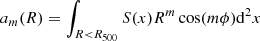 $$ \begin{aligned} a_m(R)= \int _{R < R_{500}} S(x) R^m \cos (m \phi )\mathrm{d}^2x \end{aligned} $$