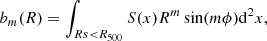 $$ \begin{aligned} b_m(R)= \int _{Rs < R_{500}} S(x) R^m \sin (m \phi )\mathrm{d}^2x, \end{aligned} $$