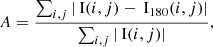 $$ \begin{aligned} A=\frac{\sum _{i,j}\left|\text{ I}(i,j)-\text{ I}_{180}(i,j) \right|}{\sum _{i,j}\left|\text{ I}(i,j) \right|} , \end{aligned} $$