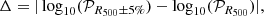 $$ \begin{aligned} \Delta = |\log _{10}(\mathcal{P} _{R_{500}\pm 5\%})-\log _{10}(\mathcal{P} _{R_{500}})|, \end{aligned} $$