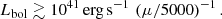 $$ \begin{aligned} L_{\rm bol} \gtrsim 10^{41}\, \mathrm{erg}\,\mathrm{s}^{-1}\,\left(\mu /5000\right)^{-1}. \end{aligned} $$