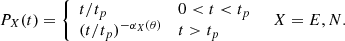 $$ \begin{aligned} P_X(t)={\left\{ \begin{array}{ll} t/t_p&0 < t < t_p \\ (t/t_p)^{-\alpha _X(\theta )}&t>t_p \end{array}\right.} \quad X=E,N. \end{aligned} $$