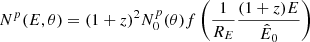 $$ \begin{aligned} N^p(E,\theta )=(1+z)^2N_0^p(\theta )f\left(\frac{1}{R_E}\frac{(1+z)E}{\hat{E}_0}\right) \end{aligned} $$