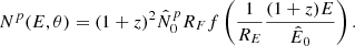 $$ \begin{aligned} N^p(E,\theta )=(1+z)^2\hat{N}_0^p R_F f\left(\frac{1}{R_E}\frac{(1+z)E}{\hat{E}_0}\right). \end{aligned} $$