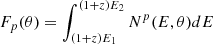 $$ \begin{aligned} F_p(\theta) =\int_{(1+z)E_1}^{(1+z)E_2} N^p(E,\theta)dE \end{aligned} $$