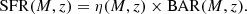 $$ \begin{aligned} \mathrm{SFR} (M, z) = \eta (M,z)\times \mathrm{BAR} (M, z). \end{aligned} $$
