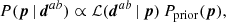 $$ \begin{aligned} P(\boldsymbol{p}\,|\,\boldsymbol{d}^{ab}) \propto \mathcal{L} (\boldsymbol{d}^{ab}\,|\,\boldsymbol{p})\, {P}_\mathrm{prior} (\boldsymbol{p}), \end{aligned} $$