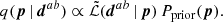 $$ \begin{aligned} q(\boldsymbol{p}\,|\,\boldsymbol{d}^{ab}) \propto \tilde{\mathcal{L} }(\boldsymbol{d}^{ab}\,|\,\boldsymbol{p})\, {P}_\mathrm{prior} (\boldsymbol{p}). \end{aligned} $$