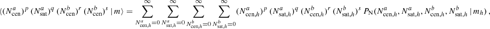 $$ \begin{aligned} \langle {(N_{\mathrm{cen} }^{a})^p\,(N_{\mathrm{sat} }^{a})^q\,(N_{\mathrm{cen} }^{b})^r\,(N_{\mathrm{cen} }^{b})^s\,|\, m}{\rangle } = \sum _{N_{\mathrm{cen} , h}^{a}=0}^\infty \sum _{N_{\mathrm{sat} , h}^{a}=0}^\infty \sum _{N_{\mathrm{cen} , h}^{b}=0}^\infty \sum _{N_{\mathrm{sat} , h}^{b}=0}^\infty (N_{\mathrm{cen} , h}^{a})^p\, (N_{\mathrm{sat} , h}^{a})^q\, (N_{\mathrm{cen} , h}^{b})^r\, (N_{\mathrm{sat} , h}^{b})^s \,{P_\mathrm{N} (N_{\mathrm{cen} , h}^{a}, N_{\mathrm{sat} , h}^{a}, N_{\mathrm{cen} , h}^{b}, N_{\mathrm{sat} , h}^{b}\,|\,m_h)}\,, \end{aligned} $$