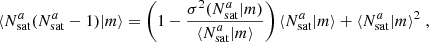 $$ \begin{aligned} \langle {N_{\mathrm{sat} }^{a}(N_{\mathrm{sat} }^{a}-1)|m}{\rangle } = \left(1-\frac{\sigma ^2(N_{\mathrm{sat} }^{a}|m)}{\langle {N_{\mathrm{sat} }^{a}|m}{\rangle }}\right) \langle {N_{\mathrm{sat} }^{a}|m}{\rangle } + \langle {N_{\mathrm{sat} }^{a}|m}{\rangle }^2\;, \end{aligned} $$