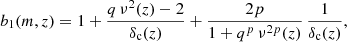 $$ \begin{aligned} b_1(m, z) = 1 + \frac{q\,\nu ^2(z) -2}{\delta _\mathrm{c} (z)} + \frac{2p}{1+q^p\,\nu ^{2p}(z)} \, \frac{1}{\delta _\mathrm{c} (z)}, \end{aligned} $$