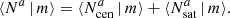 $$ \begin{aligned} \langle {N^a\,|\,m}{\rangle } = \langle {N_{\mathrm{cen} }^{a}\,|\,m}{\rangle } + \langle {N_{\mathrm{sat} }^{a}\,|\, m}{\rangle }. \end{aligned} $$