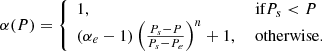 $$ \begin{aligned} \alpha (P)={\left\{ \begin{array}{ll} 1,&\text{ if} P_s<P\\ (\alpha _e-1)\left(\frac{P_s-P}{P_s-P_e}\right)^{n}+1,&\text{ otherwise.} \end{array}\right.} \end{aligned} $$