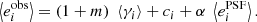 $$ \begin{aligned} \left\langle e^{\mathrm{obs} }_{i} \right\rangle = (1+m)\; \left\langle \gamma _{i} \right\rangle + c_{i} + \alpha \; \left\langle e^{\mathrm{PSF} }_{i} \right\rangle . \end{aligned} $$