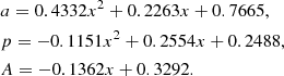 $$ \begin{aligned}&a = 0.4332x^2 + 0.2263x + 0.7665,\nonumber \\&p = -0.1151x^2 + 0.2554x + 0.2488,\nonumber \\&A = -0.1362 x + 0.3292.\nonumber \end{aligned} $$