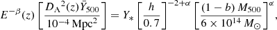 $$ \begin{aligned} E^{-\beta }(z)\left[\frac{{D_{\rm A}}^2(z) {\bar{Y}_{500}}}{10^{-4}\,\mathrm{Mpc}^2 }\right] = Y_*\left[ {\frac{h}{0.7}} \right]^{-2+\alpha } \left[\frac{(1-b)\, {M_{500}}}{6\times 10^{14}\,M_{\odot }}\right]^{\alpha }\!, \end{aligned} $$