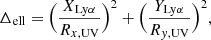 $$ \begin{aligned} \Delta _{\rm ell}=\Big (\frac{X_{\rm Ly\alpha }}{R_{x, \mathrm{UV}}}\Big )^{2}+\Big (\frac{Y_{\rm Ly\alpha }}{R_{{ y},\mathrm{UV}}}\Big )^2, \end{aligned} $$