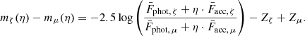 $$ \begin{aligned} m_{\zeta } (\eta ) - m_{\mu } (\eta ) = -2.5 \log \left(\frac{\bar{F}_{\mathrm{phot} ,\,\zeta } + \eta \cdot \bar{F}_{\mathrm{acc} ,\,\zeta }}{\bar{F}_{\mathrm{phot} ,\,\mu } + \eta \cdot \bar{F}_{\mathrm{acc} ,\,\mu }}\right) - Z_\zeta + Z_\mu . \end{aligned} $$