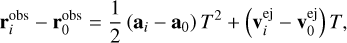 $ {\bf{r}}_i^{{\rm{obs}}} - {\bf{r}}_0^{{\rm{obs}}} = {1 \over 2}\left( {{{\bf{a}}_i} - {{\bf{a}}_0}} \right){T^2} + ({\bf{v}}_i^{{\rm{ej}}} - {\bf{v}}_0^{{\rm{ej}}})T, $