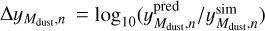 ${\rm{\Delta }}{y_{{M_{{\rm{dust}}}},n}} = {\log _{10}}\left( {{{y_{{M_{{\rm{dust}}}},n}^{{\rm{pred}}}} \mathord{\left/{\vphantom {{y_{{M_{{\rm{dust}}}},n}^{{\rm{pred}}}} {y_{{M_{{\rm{dust}}}},n}^{{\rm{sim}}}}}} \right.\kern-\nulldelimiterspace} {y_{{M_{{\rm{dust}}}},n}^{{\rm{sim}}}}}} \right)$