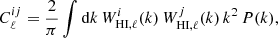 Mathematical equation: $$ \begin{aligned} C^{ij}_\ell = \frac{2}{\pi } \int \mathrm{d}k \, W^i_{\mathrm{HI},\ell }(k) \, W^j_{\mathrm{HI},\ell }(k) \, k^2 \, P(k), \end{aligned} $$